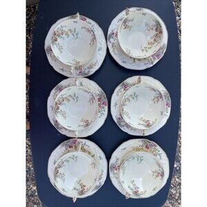 CROWN DUCAL FLORENTINE ROSALIE TWO HANDLE CREAM SOUP (6 SETS) ENGLAND C.1930's